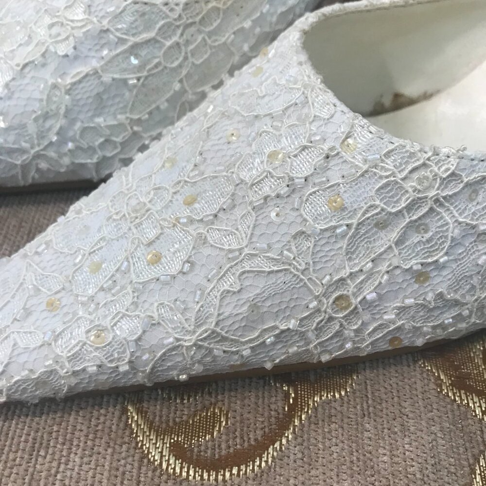 Dye-Able White Lace Satin Ankle-Strap, Formal Pump Dress Shoe Wedding Block Heel - Picture 10 of 16